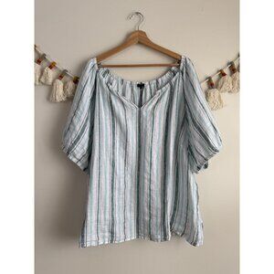 Talbots 100% Linen Blue Striped V-neck Puff Sleeve Top Coastal Nautical Beach 3x